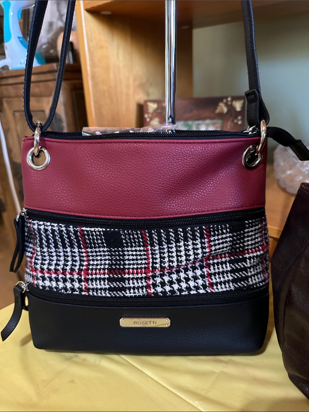 Rosetti Red, Black & Craberry Tweed Plaid Crossbody Bag